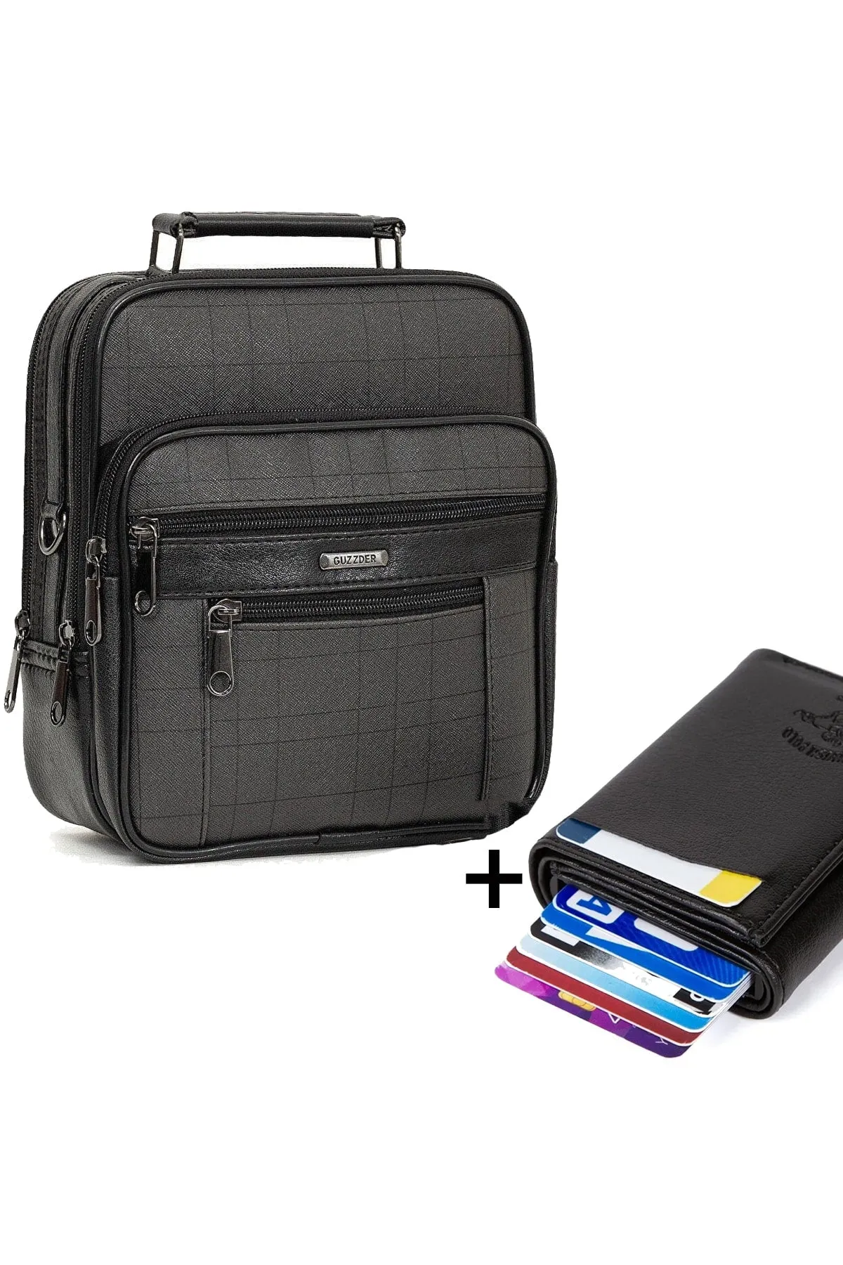 Adelina Men's Black Leather Plaid Steel Case Handbag And Card Holder Wallet With Mechanism
