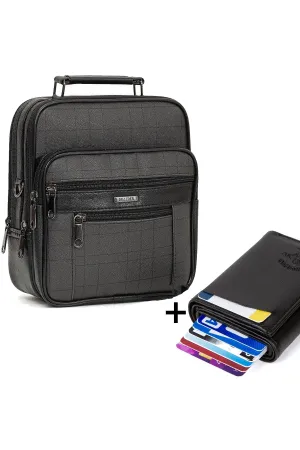 Adelina Men's Black Leather Plaid Steel Case Handbag And Card Holder Wallet With Mechanism