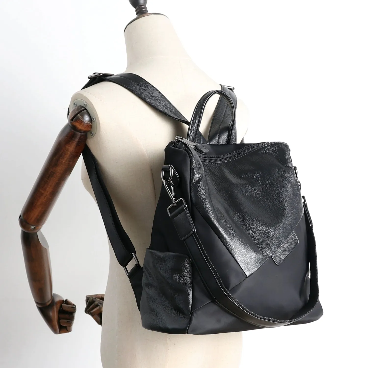 Black Backpack Womens Convertible Backpack Handbag Nylon Rucksack Backpack