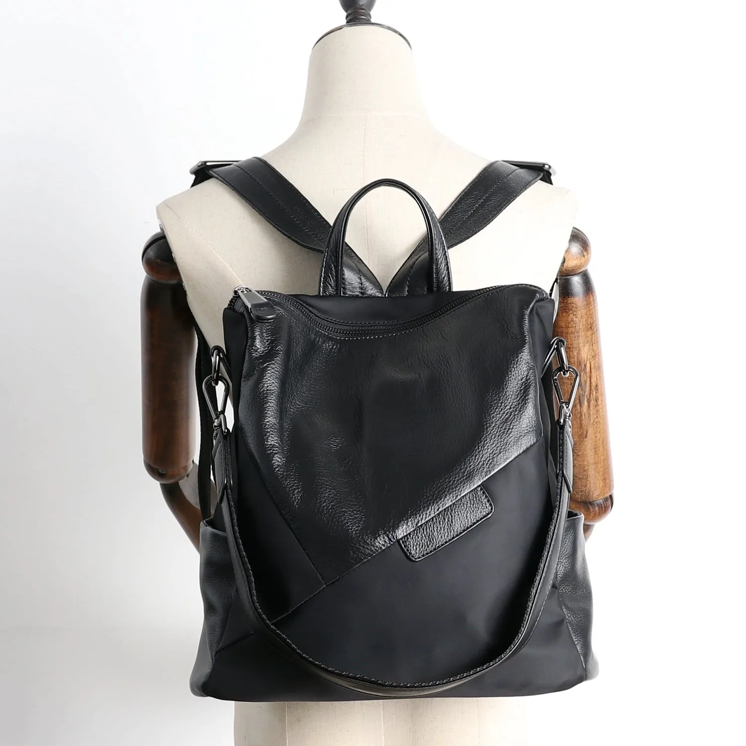 Black Backpack Womens Convertible Backpack Handbag Nylon Rucksack Backpack
