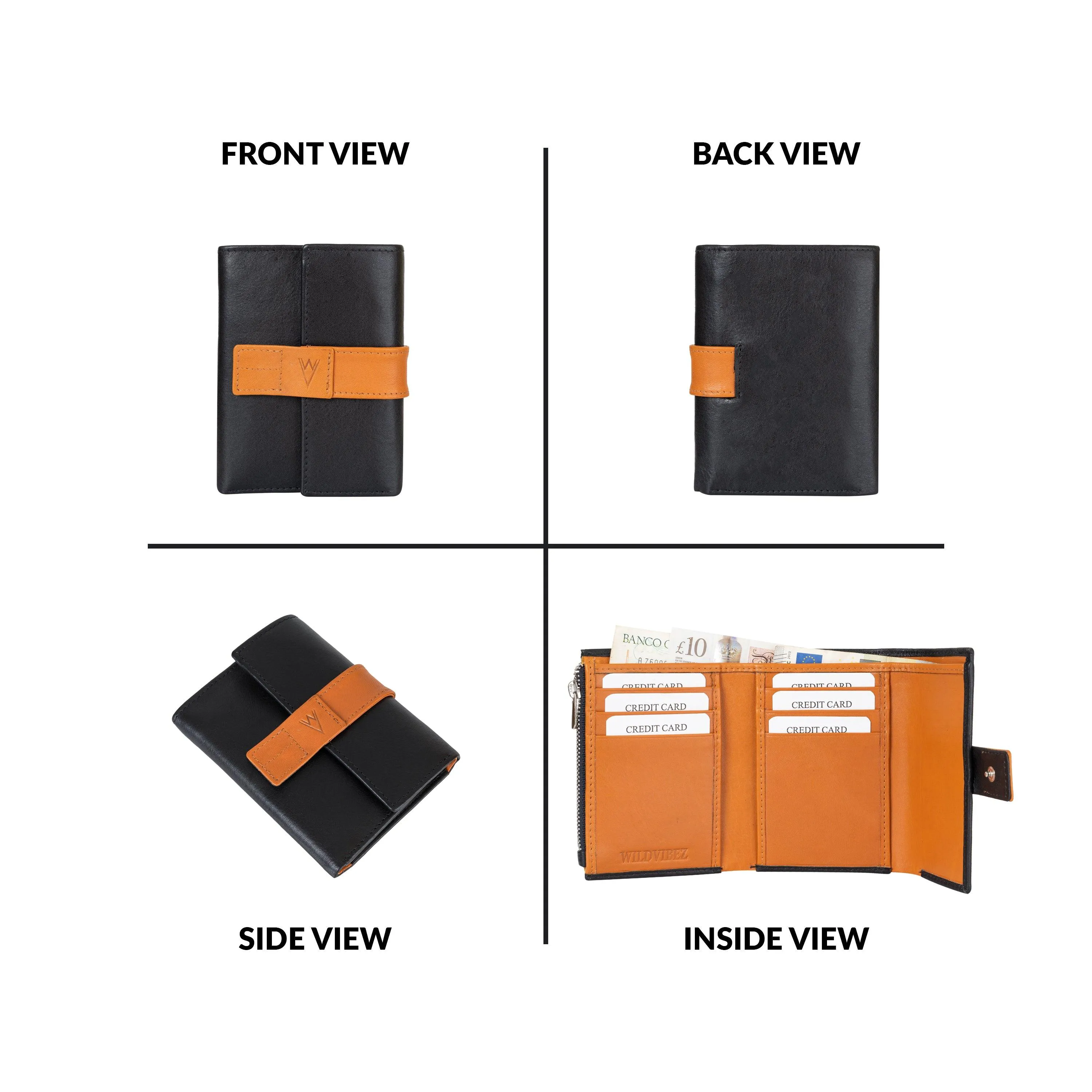 Fem Folio Tri Fold Ladies Wallet - Black & Tan