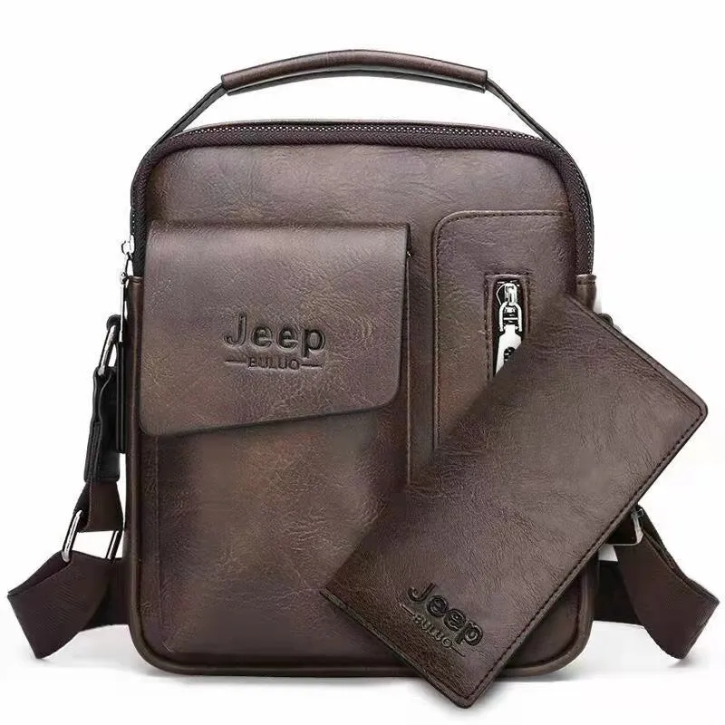 Jeep Vintage Men's Leather Crossbody Long Wallet Set