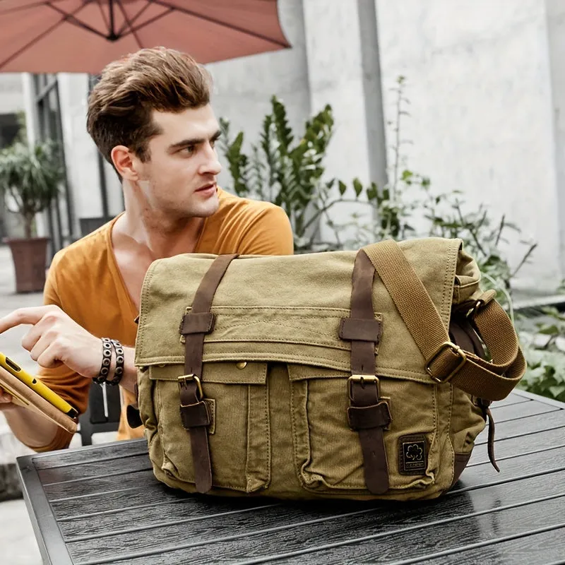 Men's Canvas Crossbody Bag Large Laptop Shoulder Briefcase