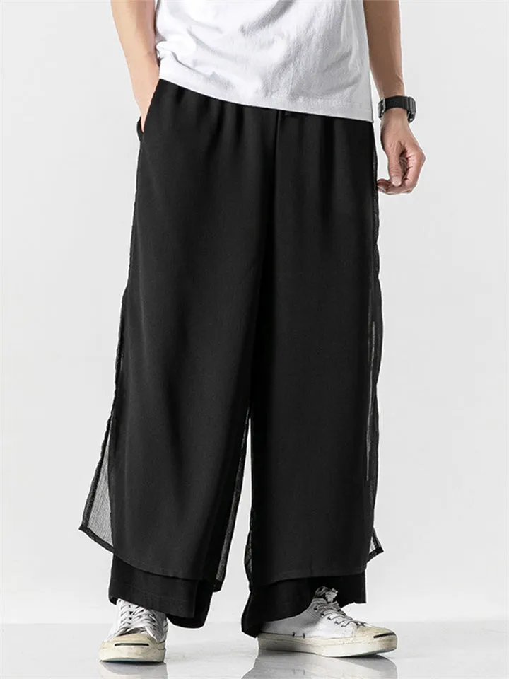 Men's Chinese Style Flowy Double Layer Mesh Cotton Pants