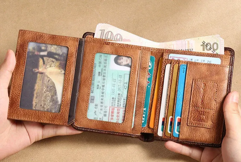 Men's Leather Trifold Wallet – ID Window & Card Holder