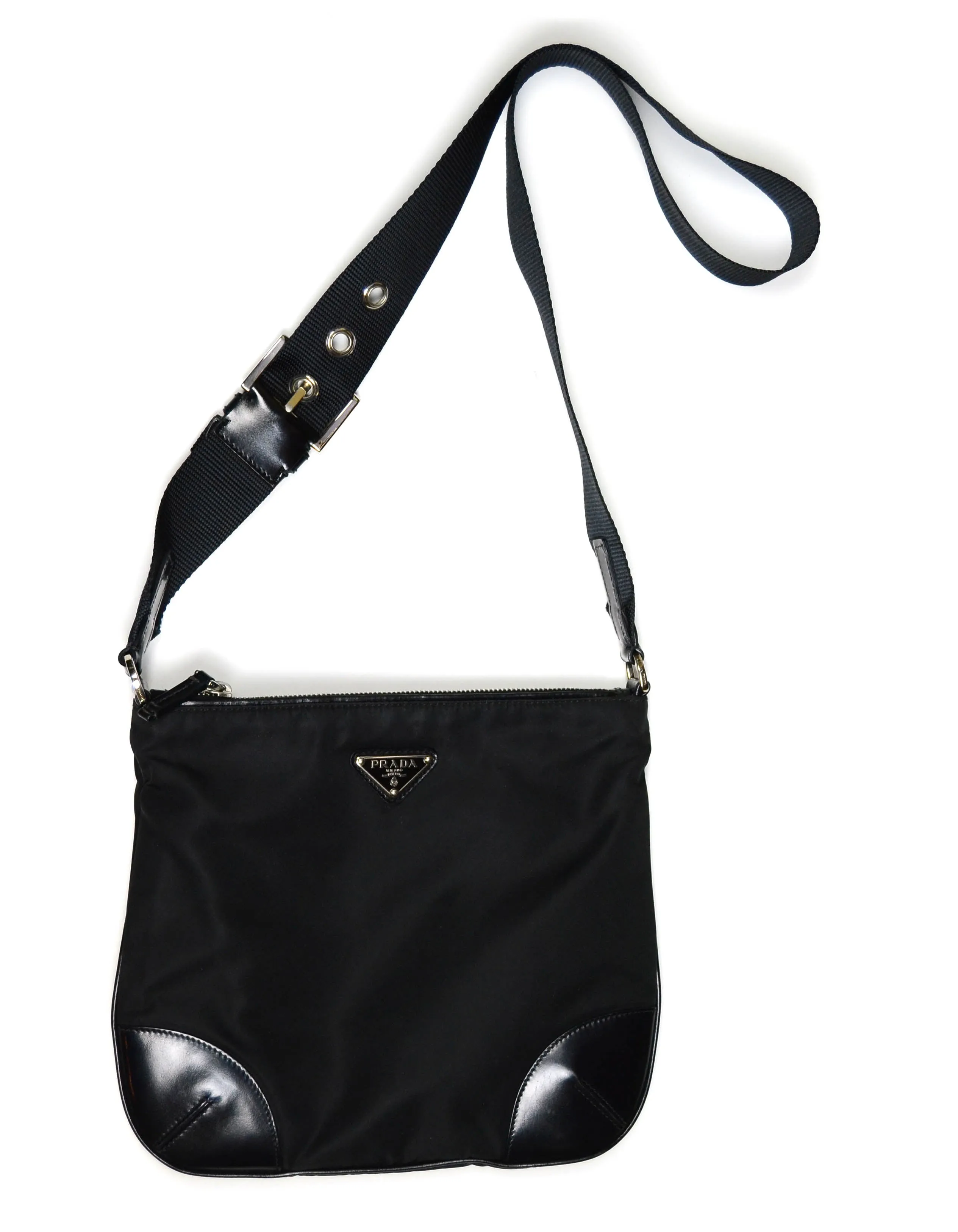 Prada Black Flat Tessuto Nylon Crossbody Bag w/ Leather Trim