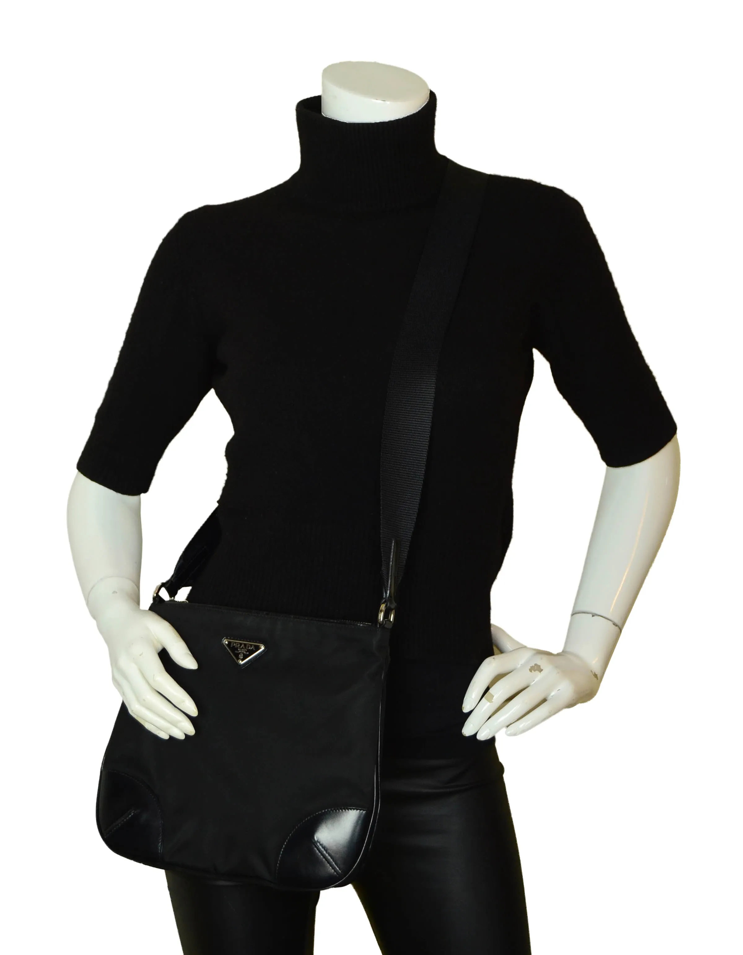 Prada Black Flat Tessuto Nylon Crossbody Bag w/ Leather Trim