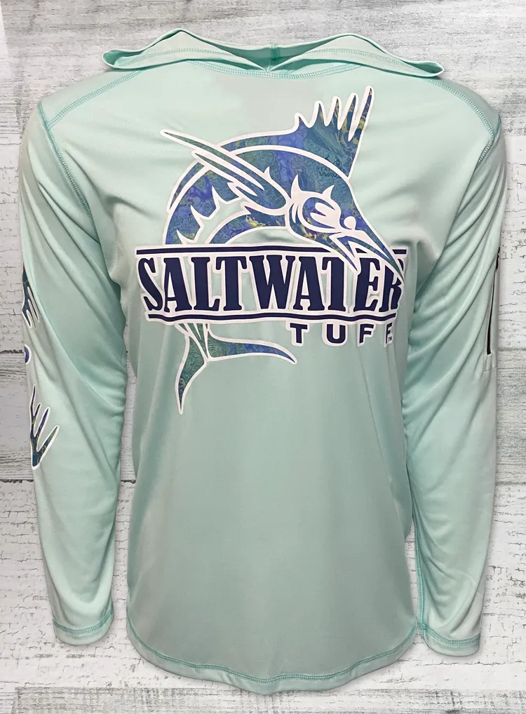 Saltwater Tuff -Sword Fish - SOLAR LONG SLEEVE Repreve Hooded Tee - - UPF 50  Seagrass