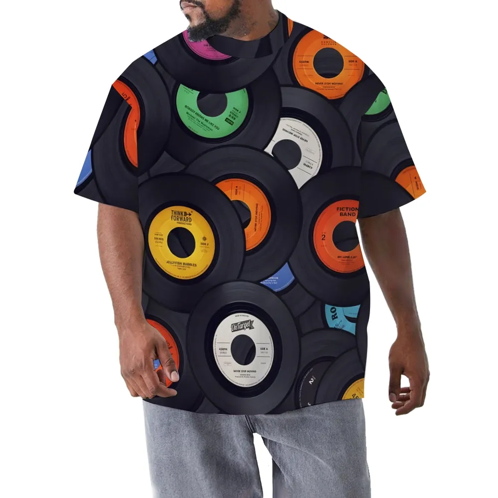 Vinyl Record Print Men's Large Size Printed Short Sleeve T-Shirt 2405000664
